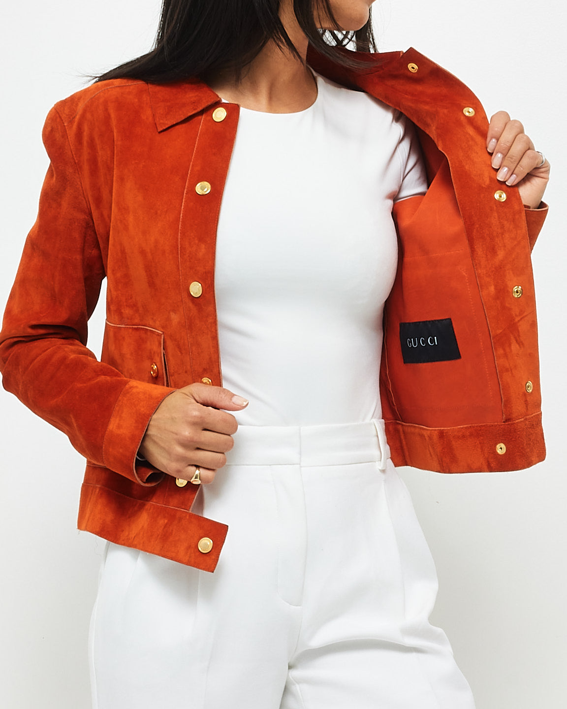 Gucci Orange Suede 
Leather Lining Fitted Cropped Jacket - 42