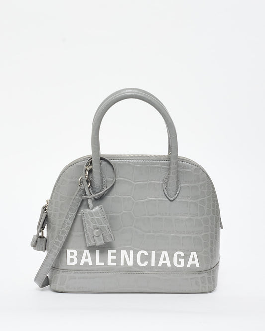 Balenciaga Light Grey Croc Embossed White Logo Ville Small Top Handle Bag