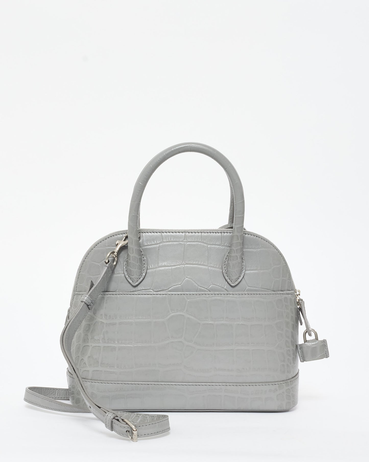 Balenciaga Light Grey Croc Embossed White Logo Ville Small Top Handle Bag