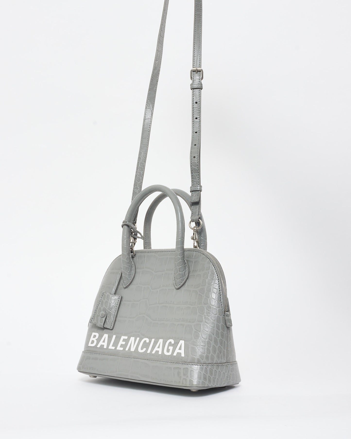 Balenciaga Light Grey Croc Embossed White Logo Ville Small Top Handle Bag