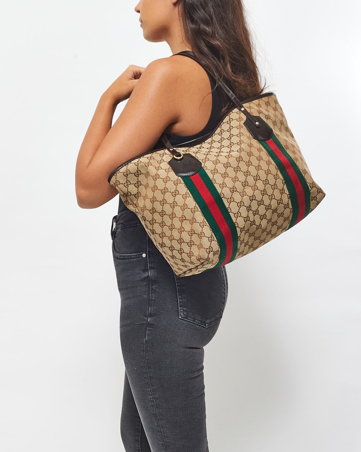 Gucci Brown Monogram Canvas 
Web Jolie Tote (No Charms)