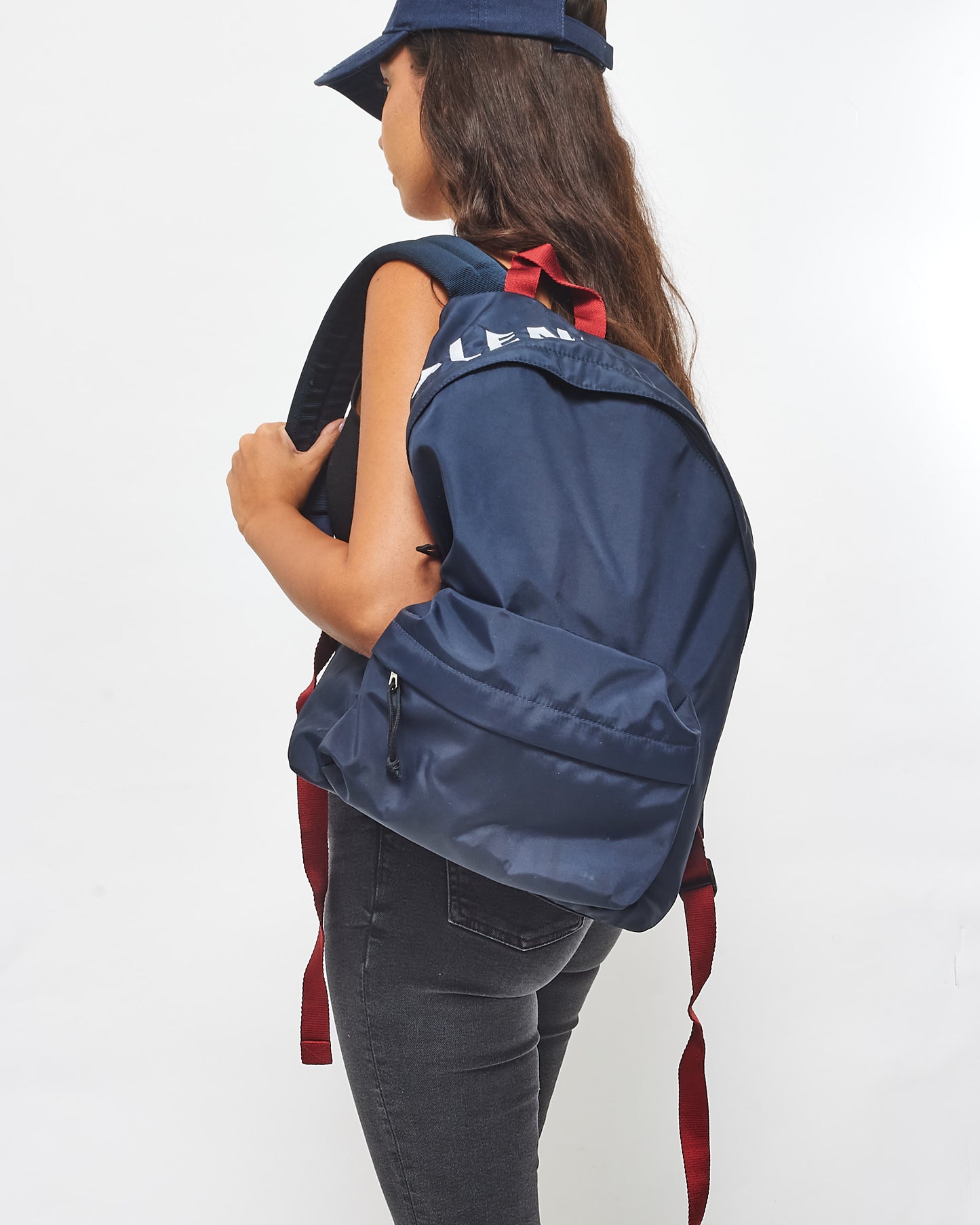 Balenciaga Navy White 
Red Logo Canvas Backpack