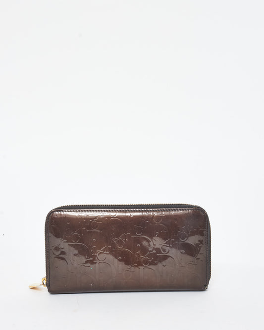 Dior Brown Patent Leather Oblique Monogram Long Zip Wallet