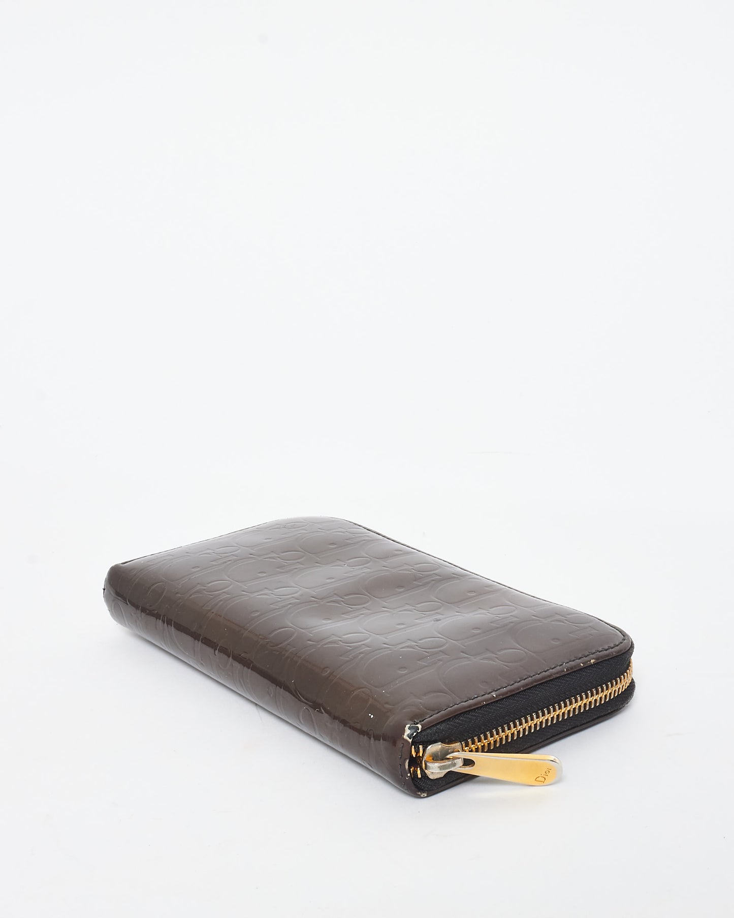 Dior Brown Patent Leather Oblique Monogram Long Zip Wallet