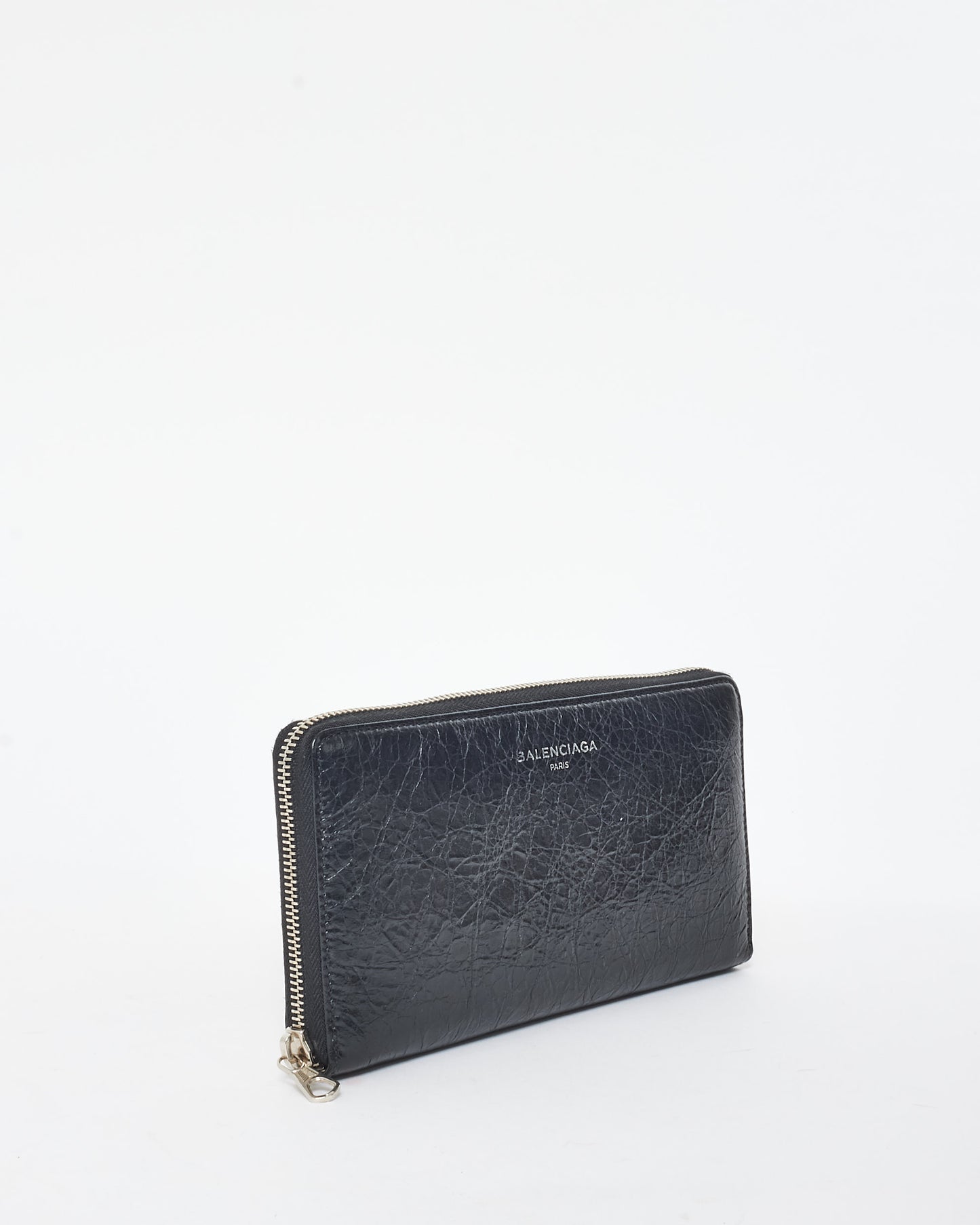 Balenciaga Black Crinkled Leather Long Zip Wallet