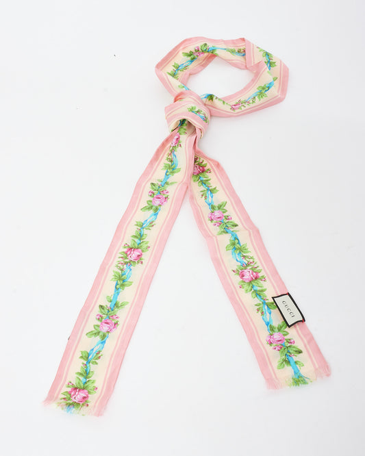 Gucci Pink Blue 
Green Floral Silk Neck Scarf