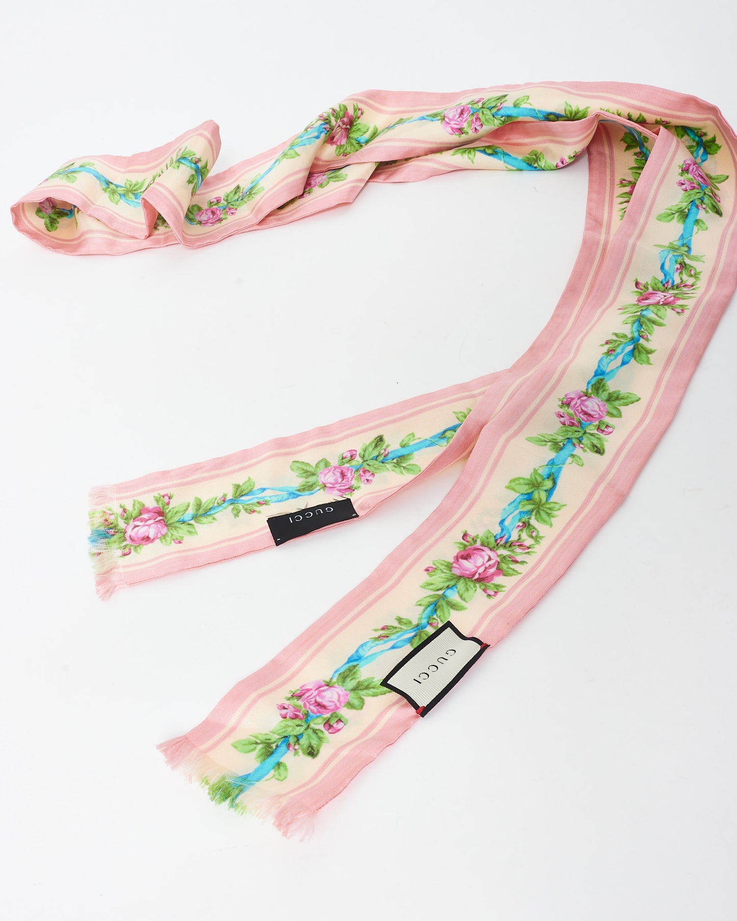 Gucci Pink Blue 
Green Floral Silk Neck Scarf