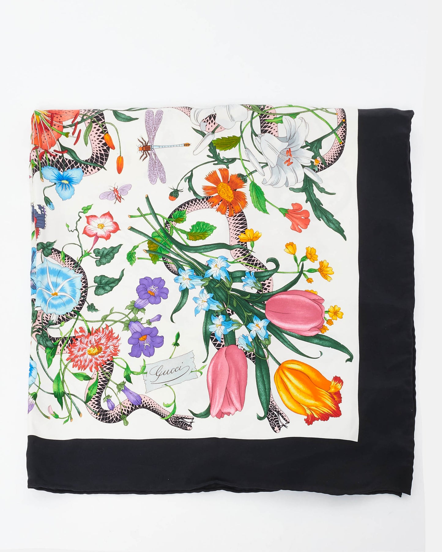 Gucci Black 
Multi Floral Silk Square Scarf