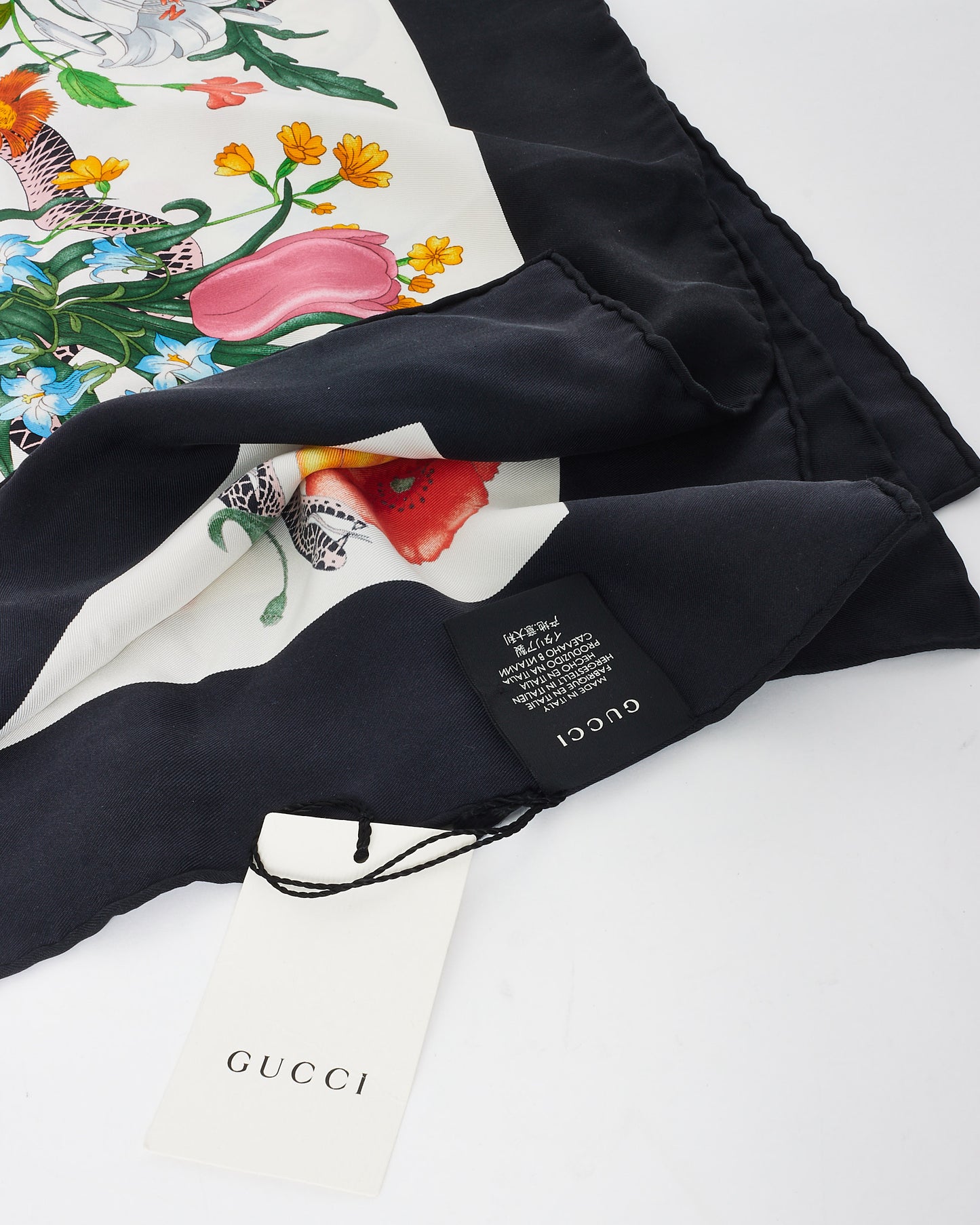 Gucci Black 
Multi Floral Silk Square Scarf