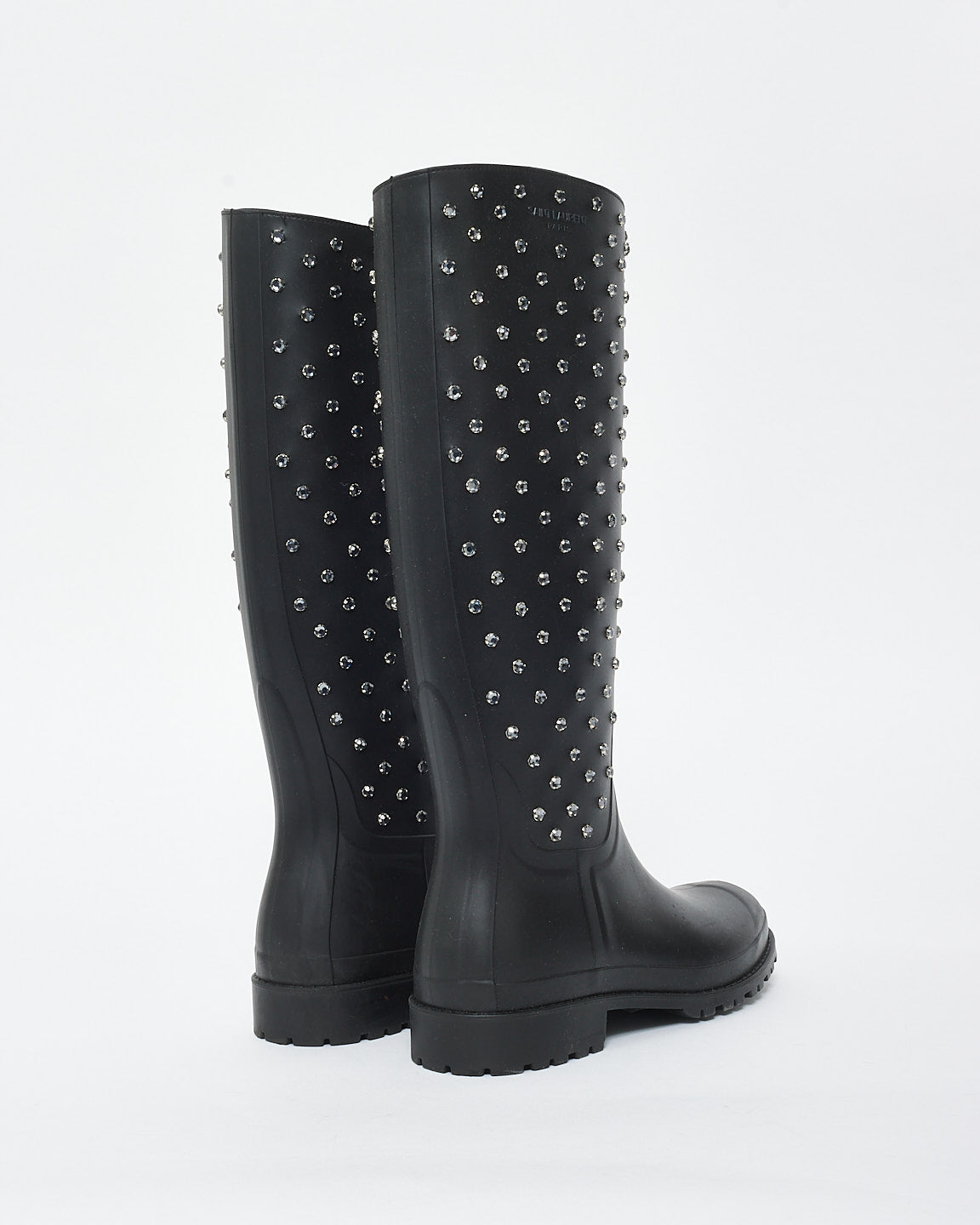 Saint Laurent Black Rhinestone Rubber Rain Boots - 40