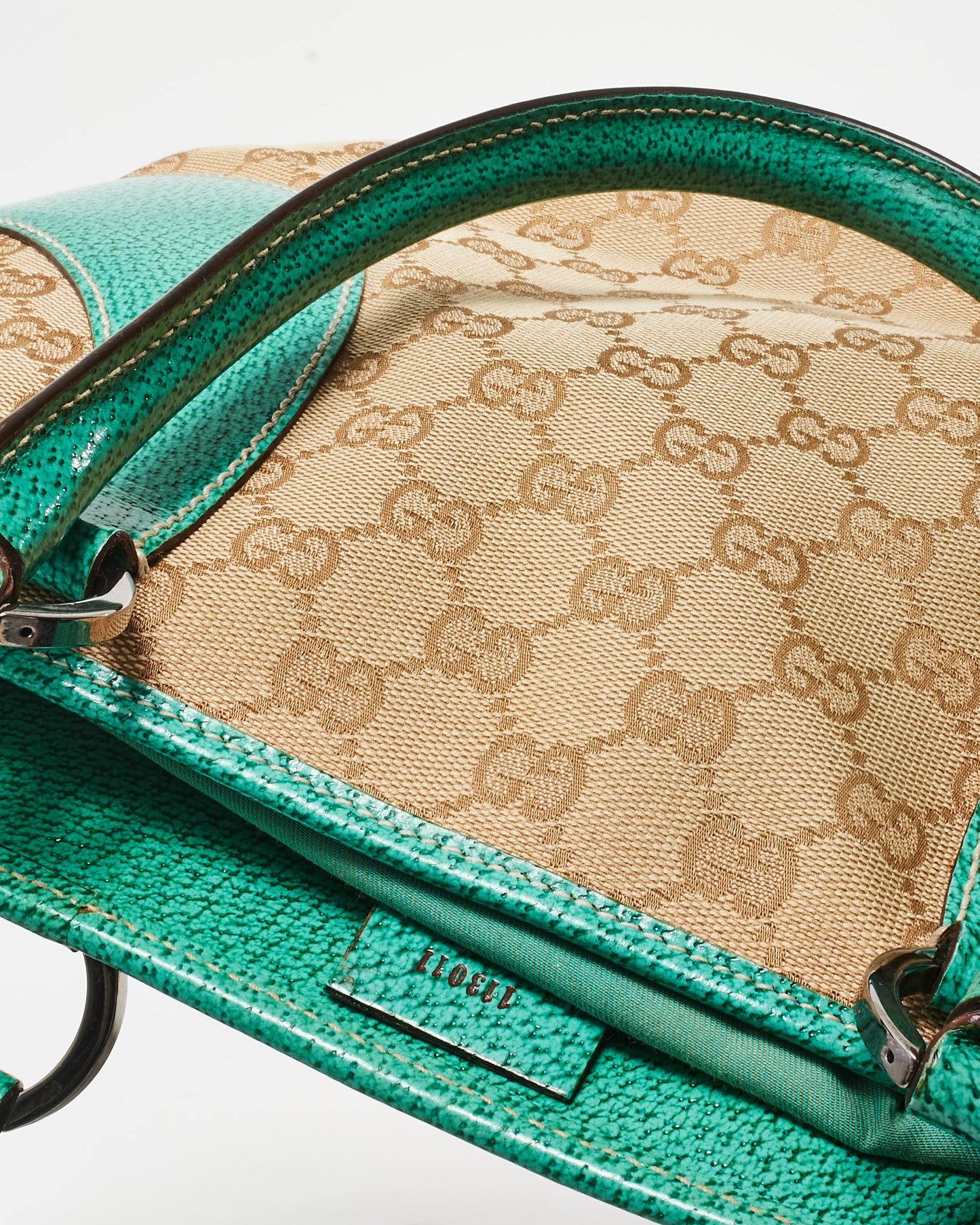 Gucci Vintage Monogram Canvas 
Green Leather Shoulder Bag