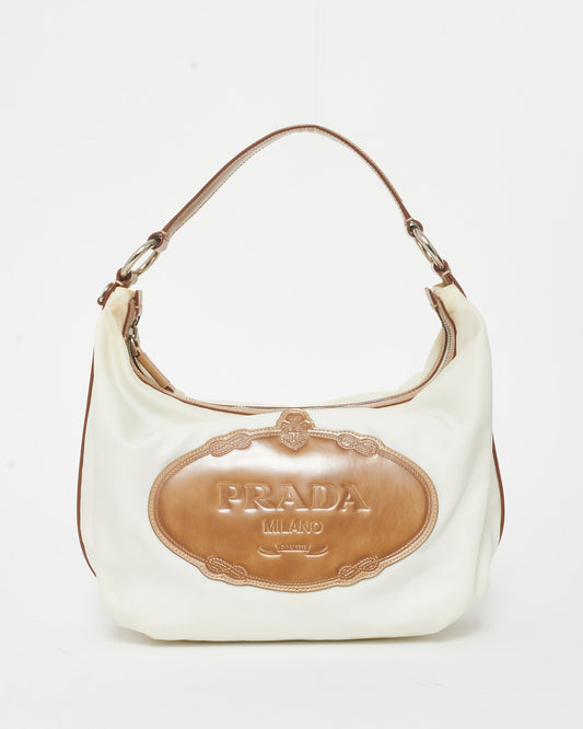 Prada Off White Nylon 
Brown Leather Logo Shoulder Bag