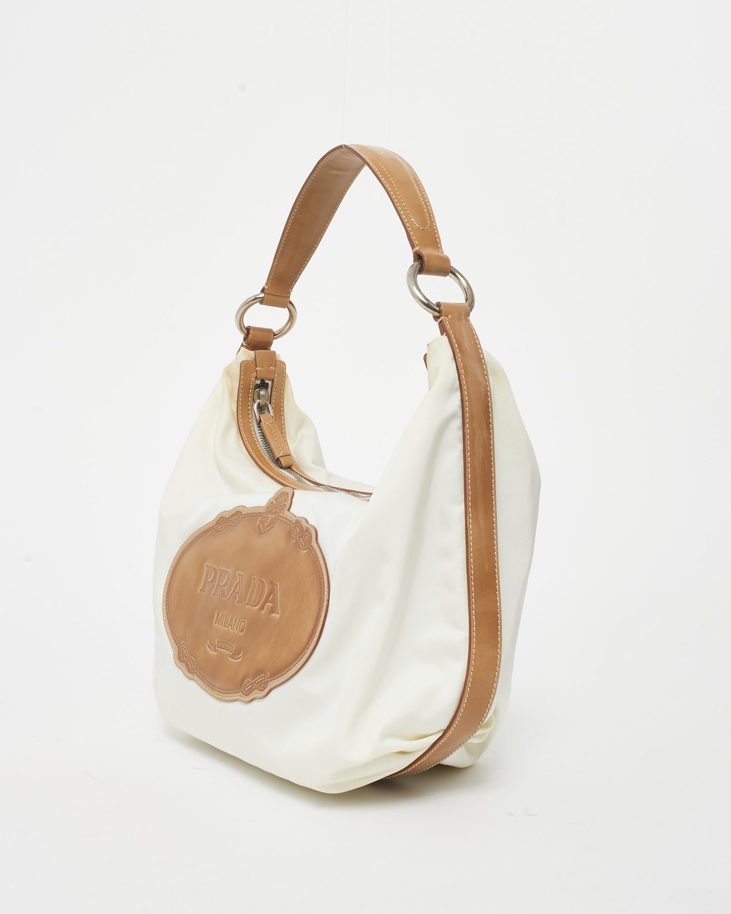 Prada Off White Nylon 
Brown Leather Logo Shoulder Bag