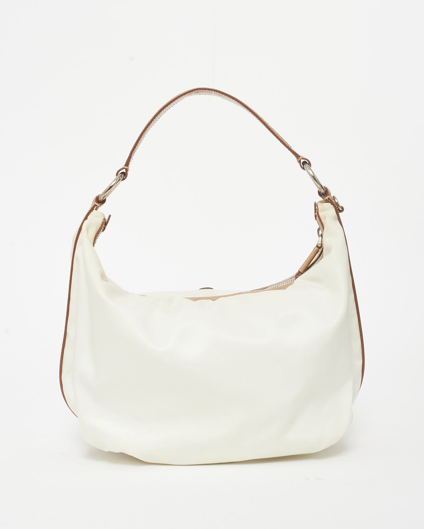 Prada Off White Nylon 
Brown Leather Logo Shoulder Bag