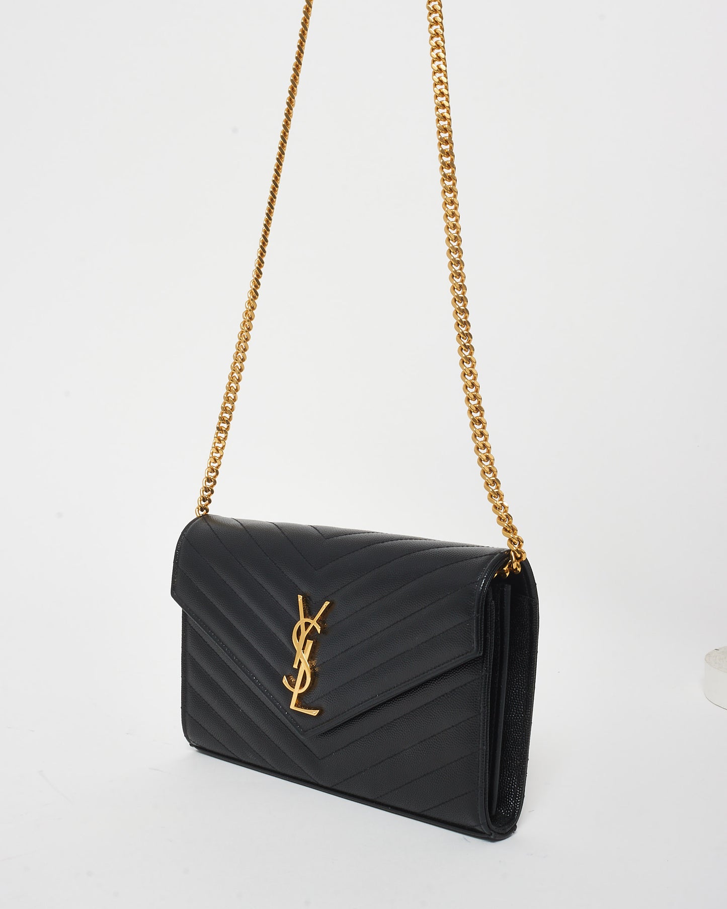 Saint Laurent Black Grained Leather Cassandra Envelope Large Wallet On Chain Bag GHW