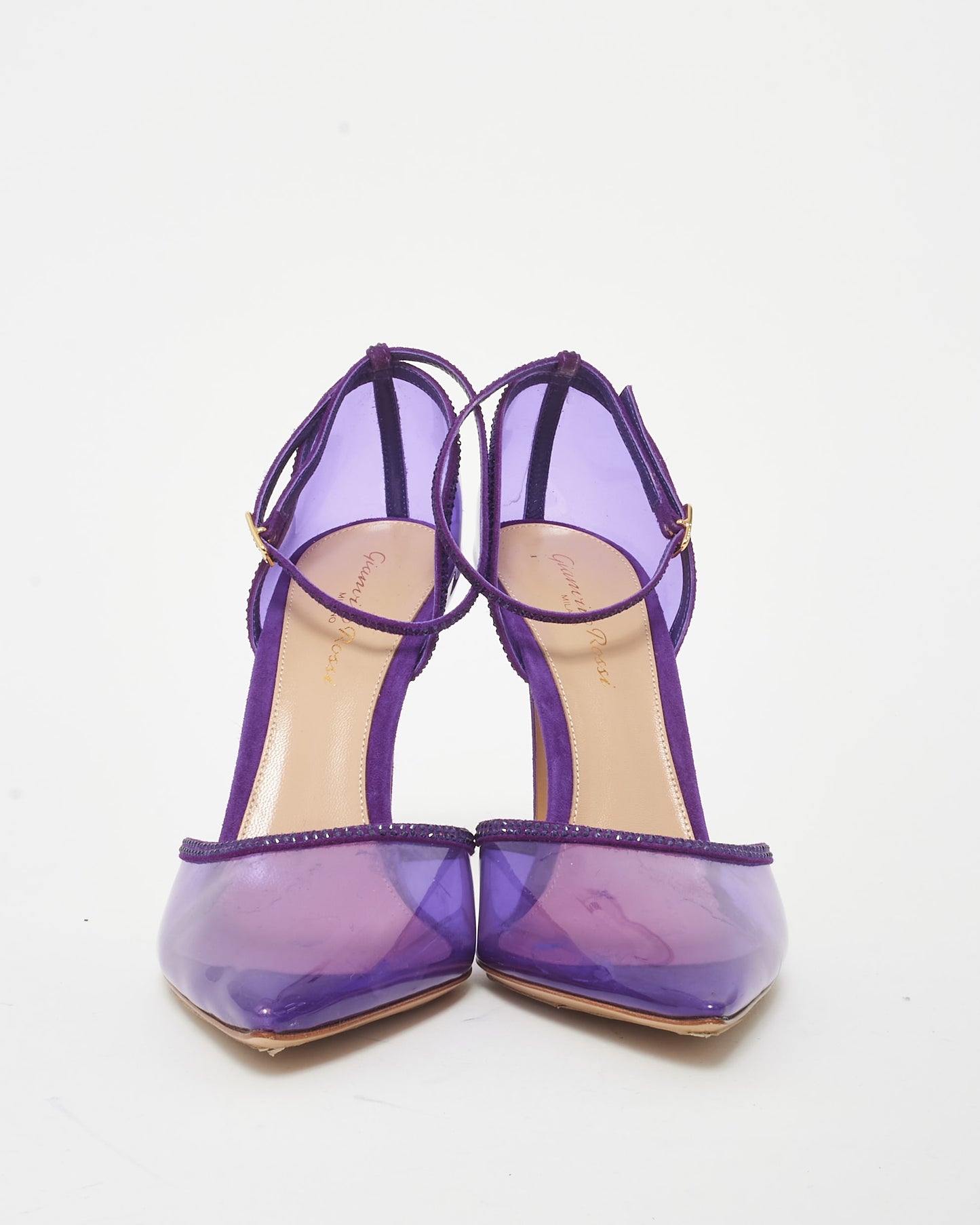 Gianvito Rossi Purple PVC Suede 
Rhinestone Ankle Strap Pumps - 39