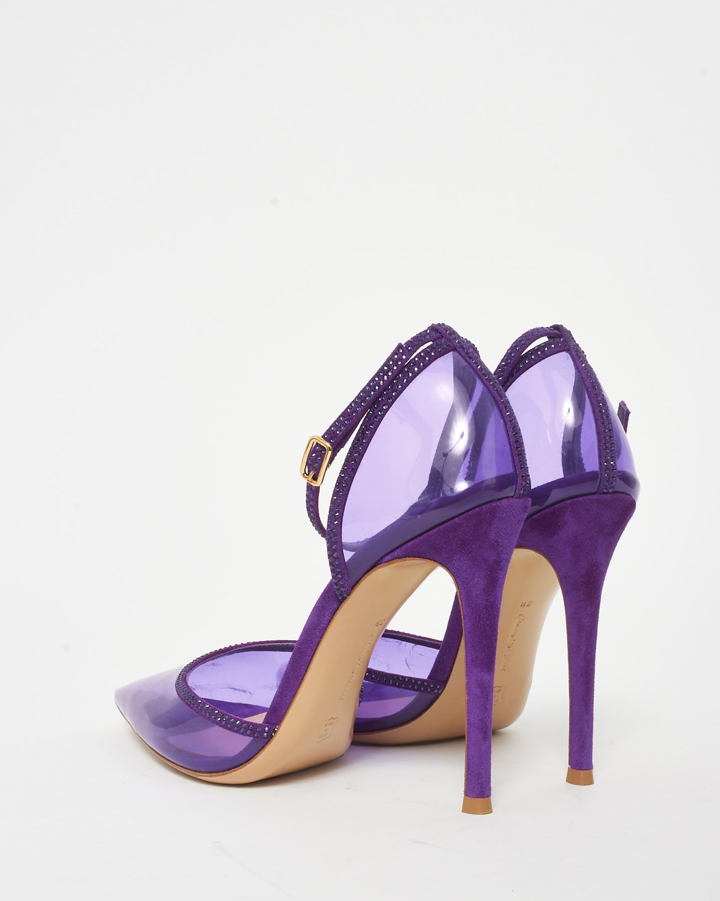 Gianvito Rossi Purple PVC Suede 
Rhinestone Ankle Strap Pumps - 39