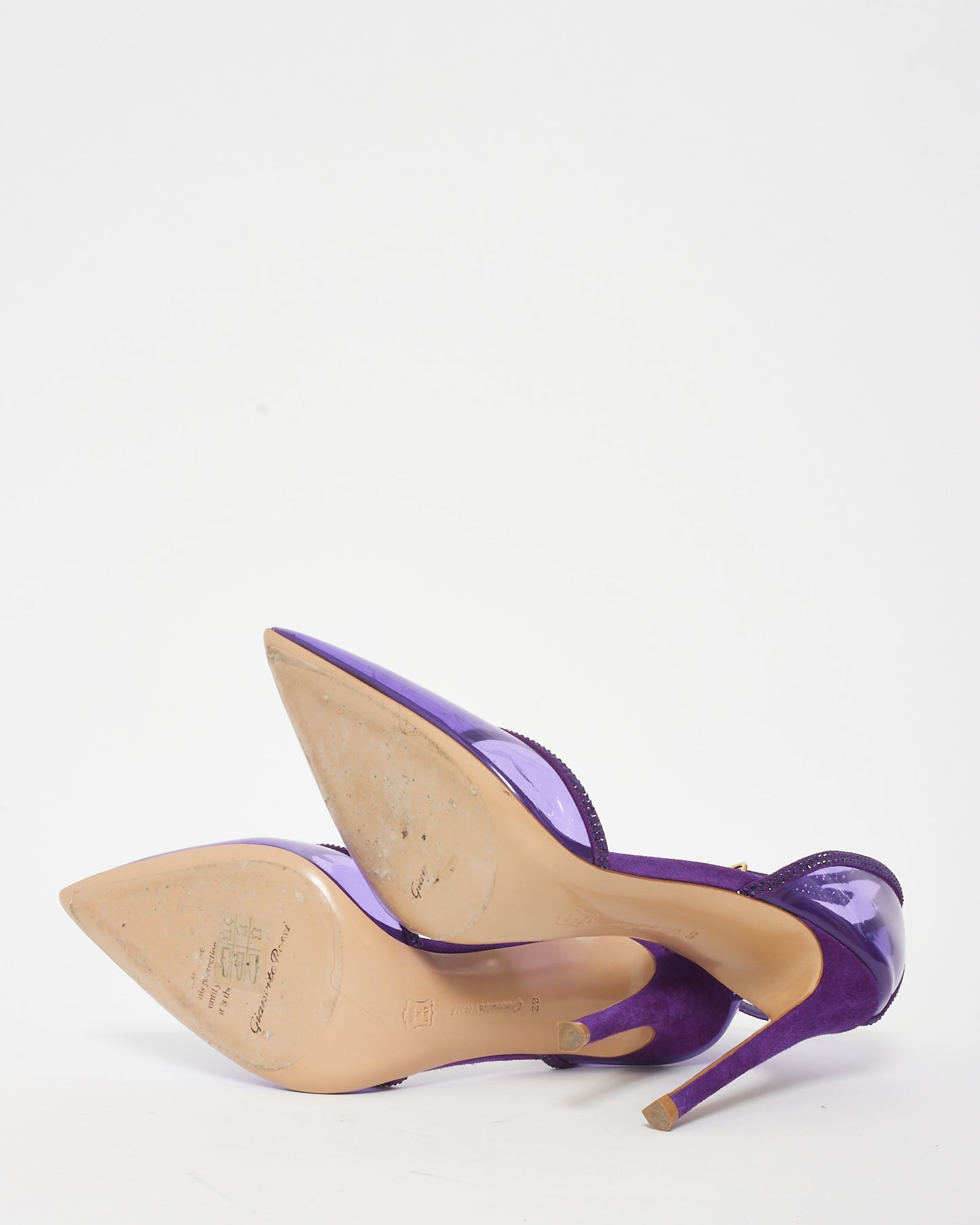 Gianvito Rossi Purple PVC Suede 
Rhinestone Ankle Strap Pumps - 39