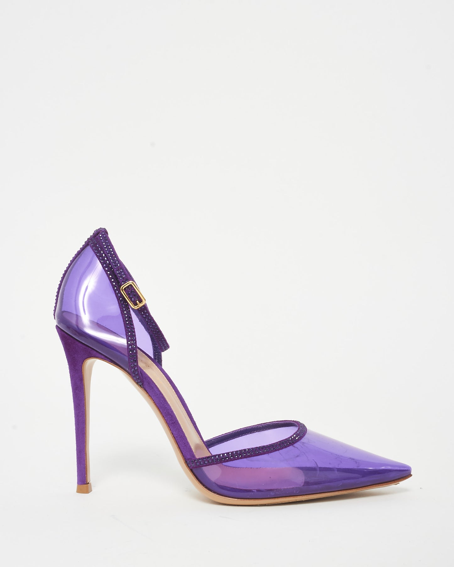 Gianvito Rossi Purple PVC Suede 
Rhinestone Ankle Strap Pumps - 39