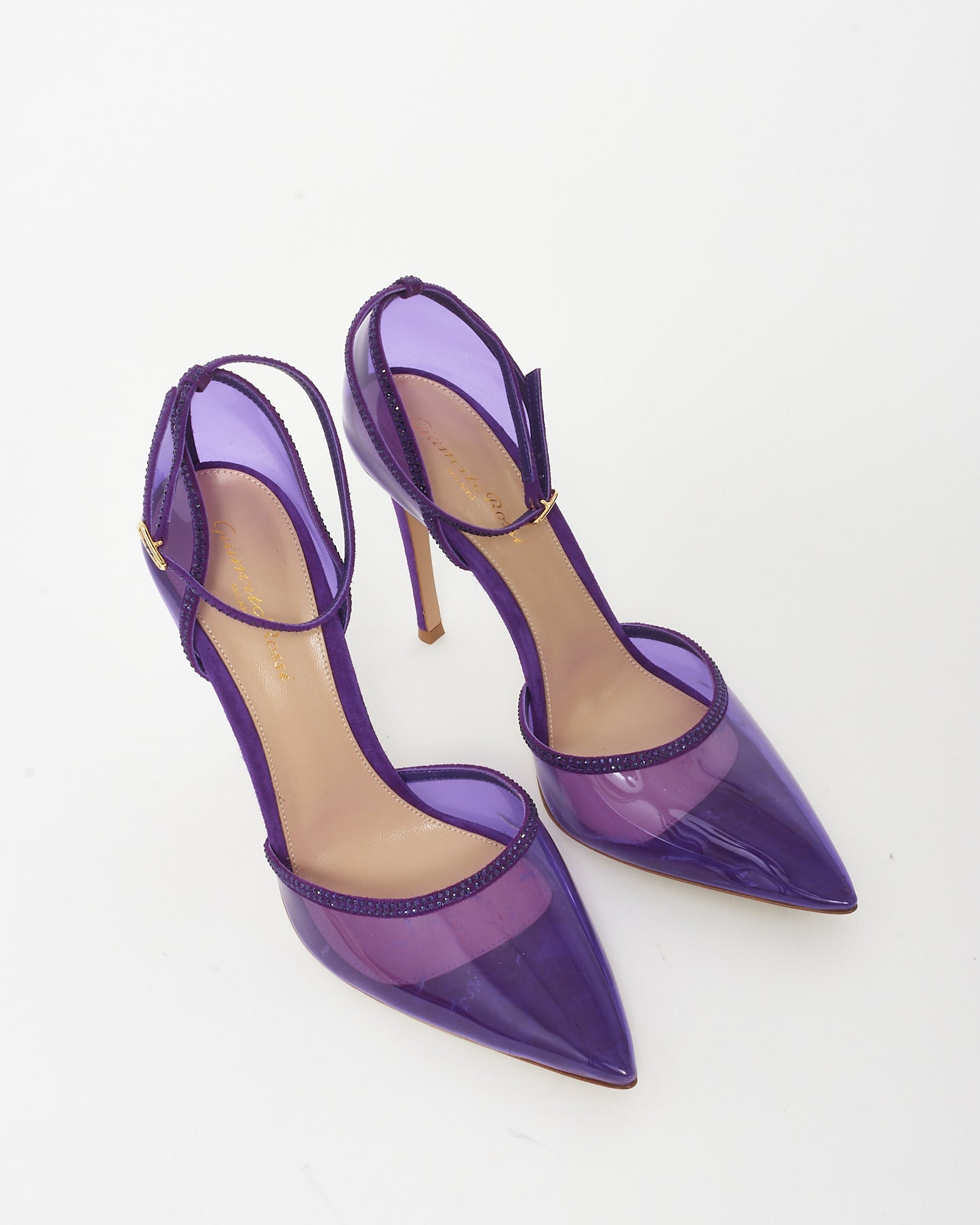 Gianvito Rossi Purple PVC Suede 
Rhinestone Ankle Strap Pumps - 39