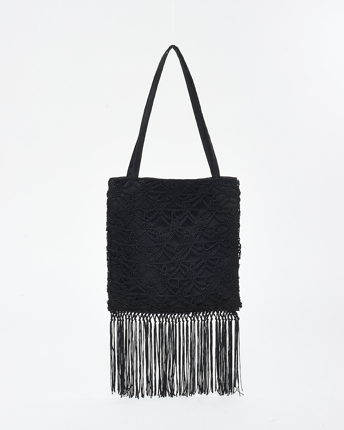 Dolce 
Gabbana Black Satin 
Macramé Fringe Mini Bag