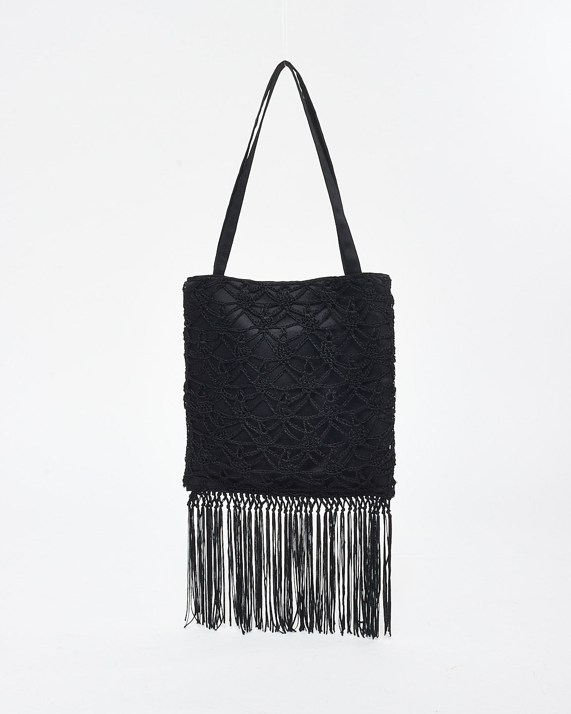 Dolce 
Gabbana Black Satin 
Macramé Fringe Mini Bag