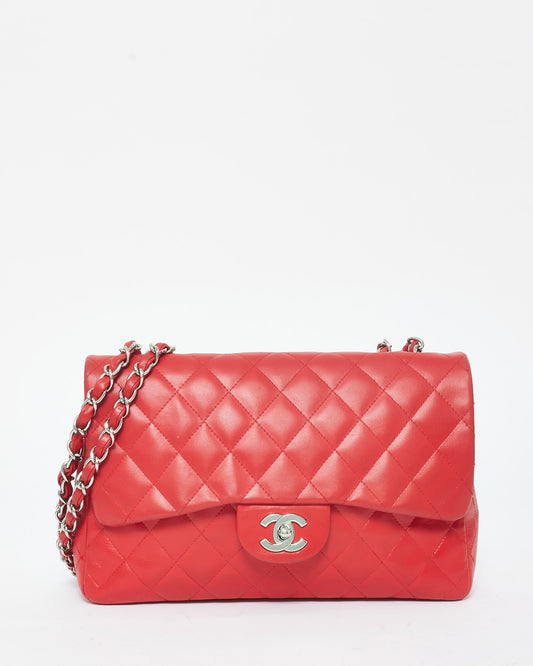 Chanel Red Lambskin Leather Jumbo Single Classic Flap Bag SHW