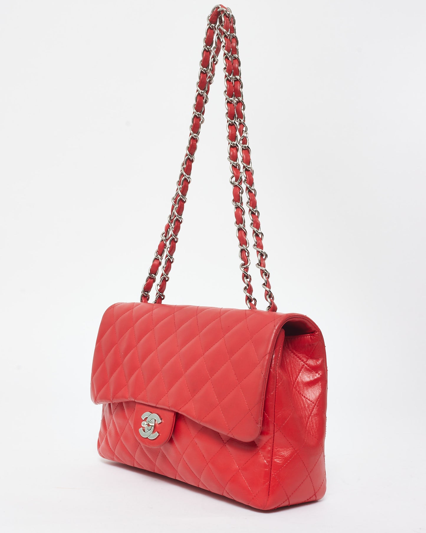 Chanel Red Lambskin Leather Jumbo Single Classic Flap Bag SHW