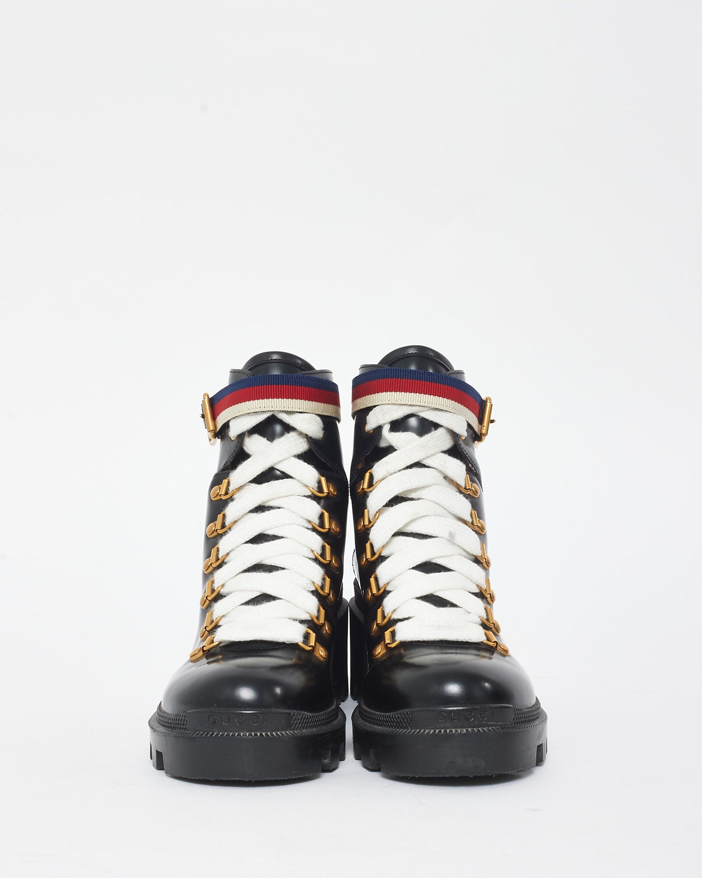 Gucci Black Patent Leather Web Sylvie Combat Boots - 36.5