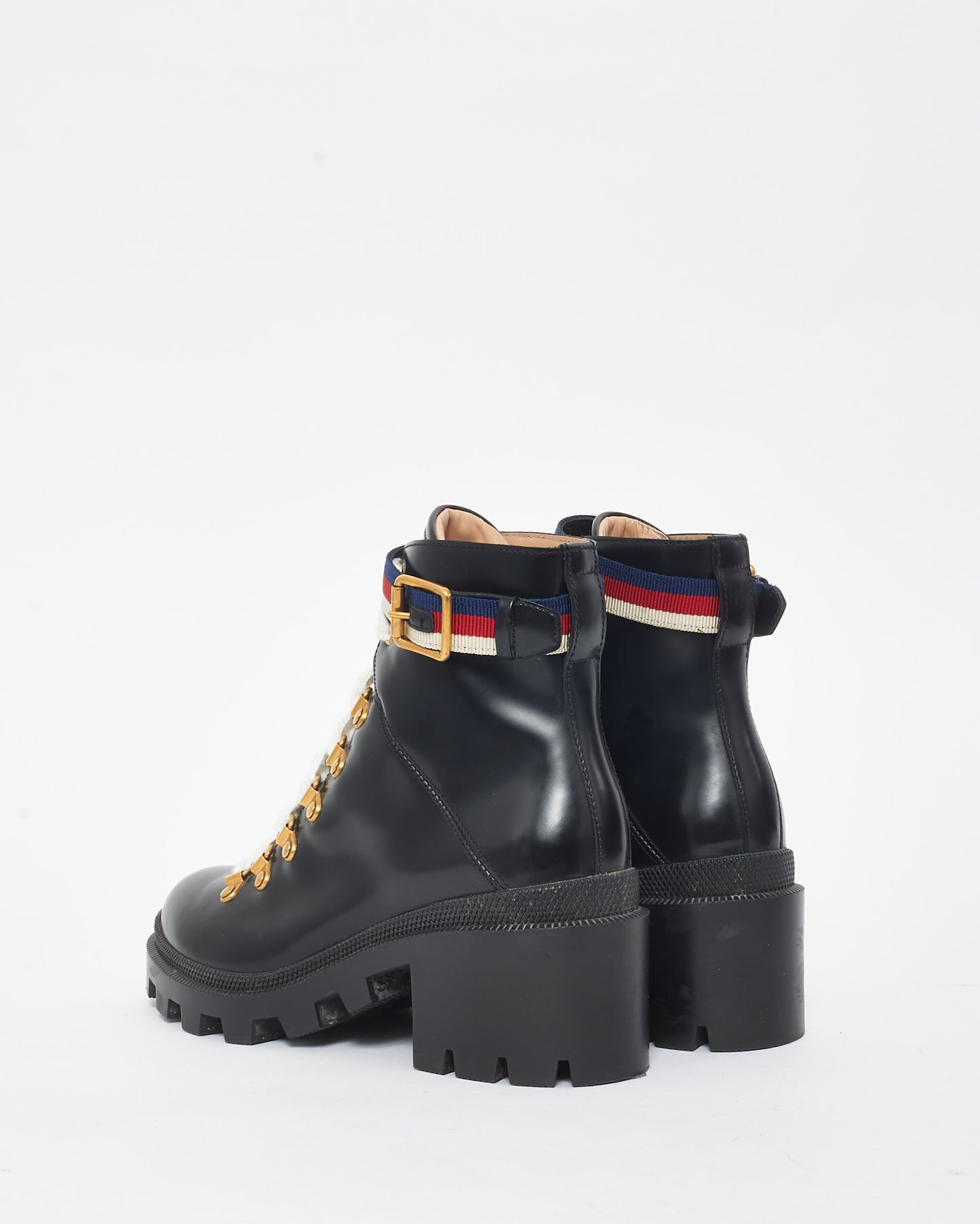 Gucci Black Patent Leather Web Sylvie Combat Boots - 36.5