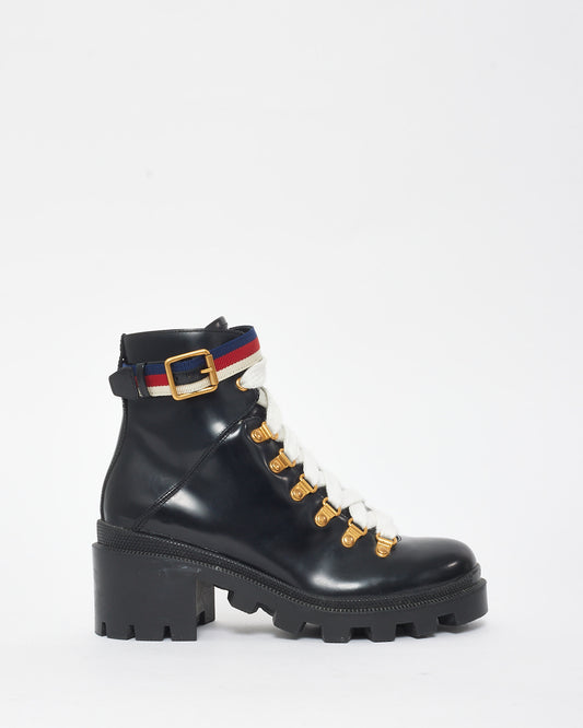 Gucci Black Patent Leather Web Sylvie Combat Boots - 36.5