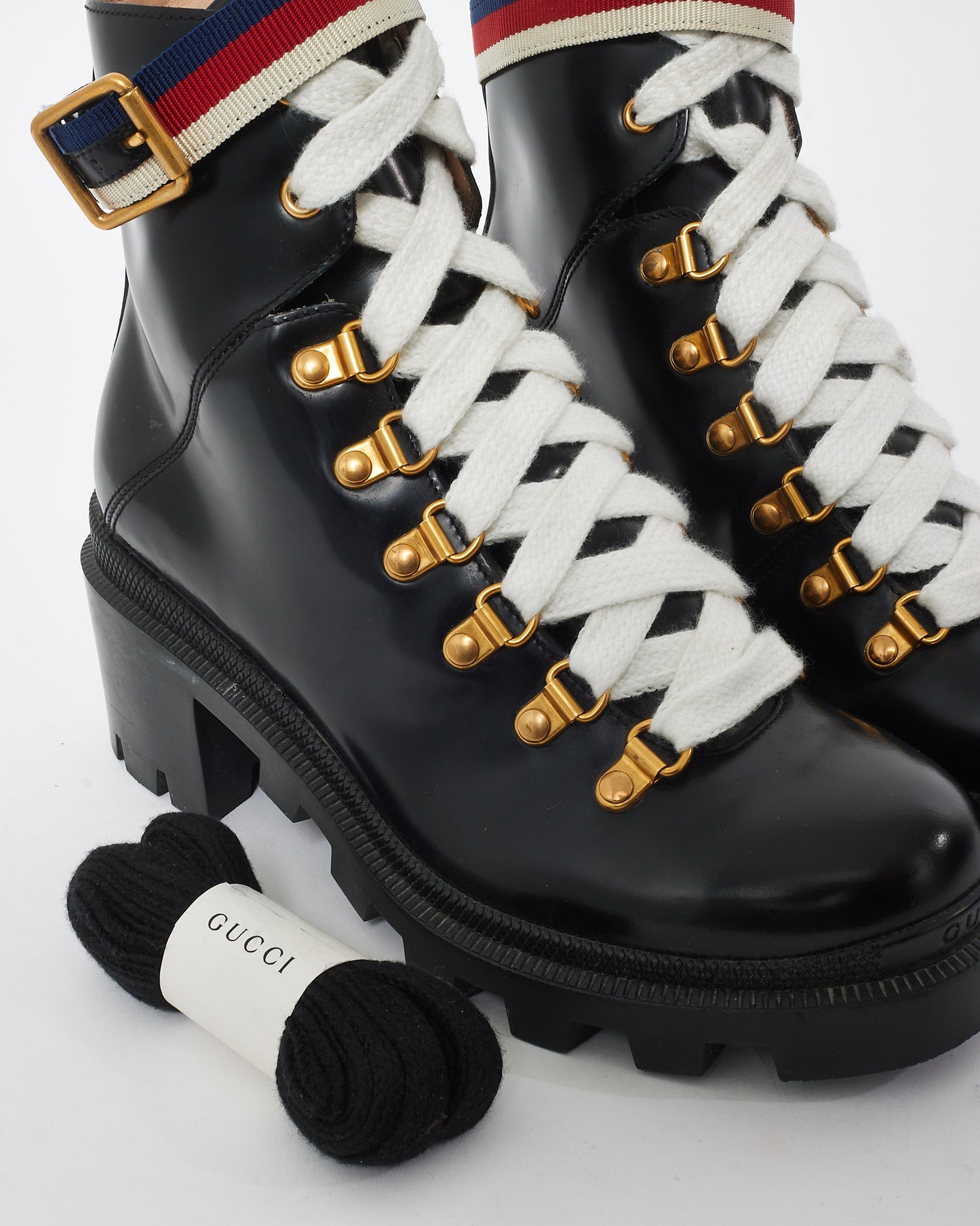 Gucci Black Patent Leather Web Sylvie Combat Boots - 36.5