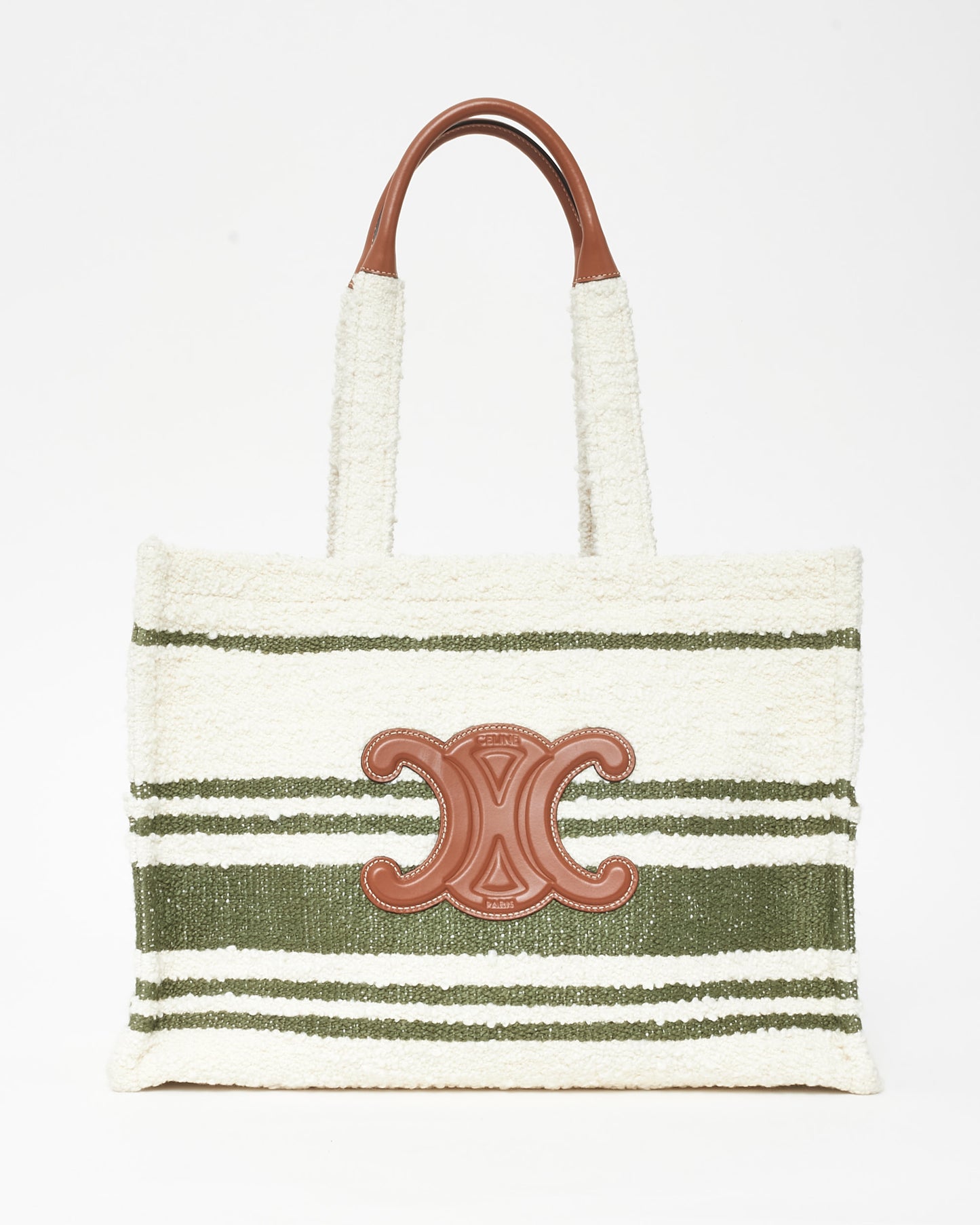 Celine Ivory 
Green Shearling Brown Triomphe Leather Logo Tote