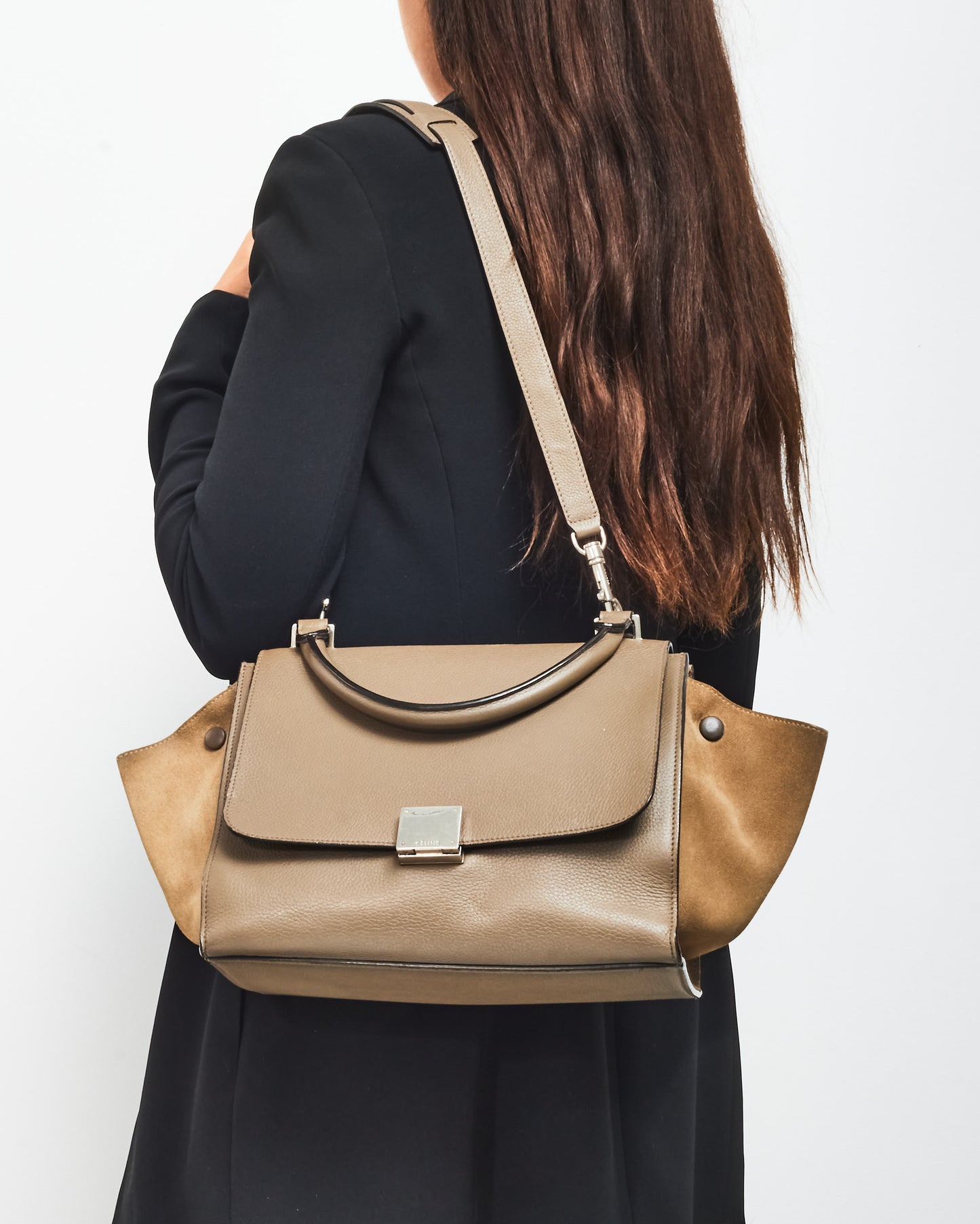 Celine Taupe Leather 
Suede Mini Trapeze Bag