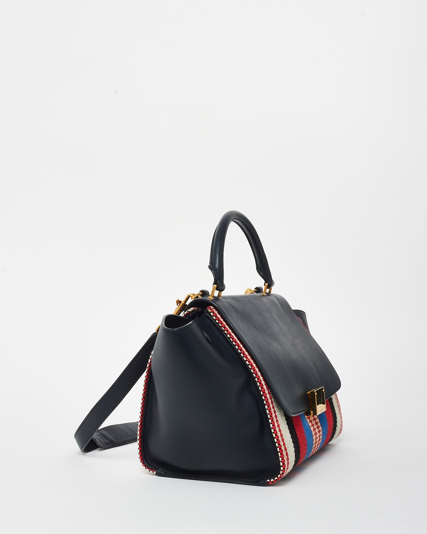 Celine Black Leather Multi Stripe Medium Trapeze Bag