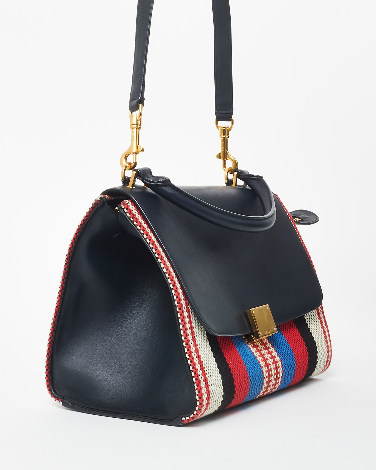 Celine Black Leather Multi Stripe Medium Trapeze Bag