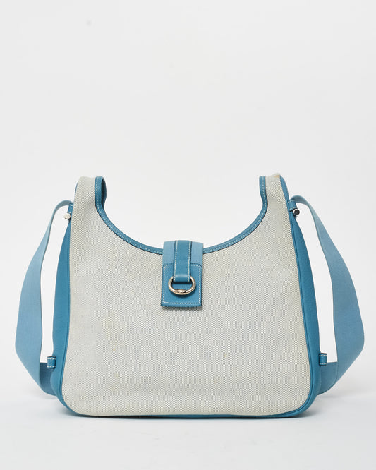 Hermès Vintage Blue Leather 
Beige Canvas Tsako bag