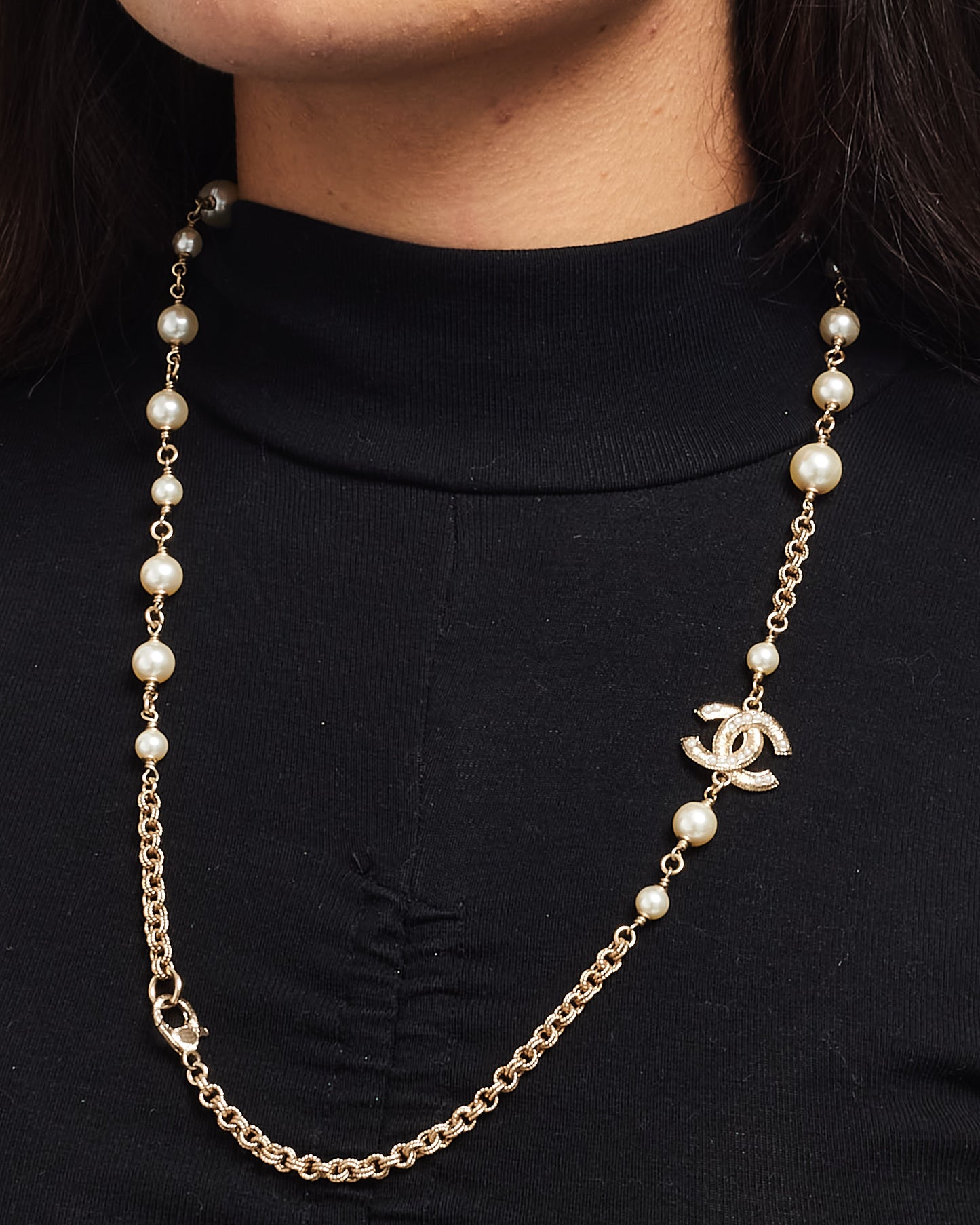 Chanel Pearl 
Gold CC Logo Long Necklace