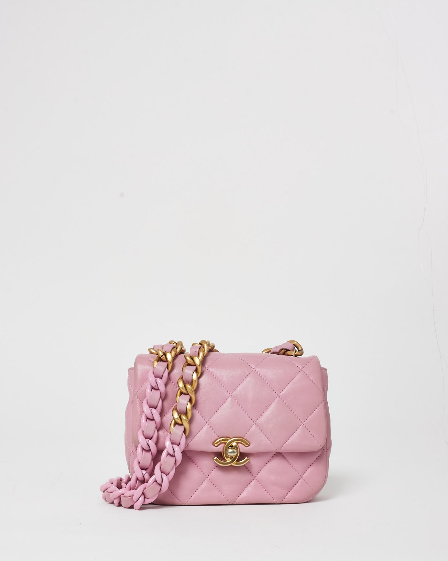 Chanel Pink Lambskin Leather W/ Pink 
Gold Chain Single Flap Square Mini Bag