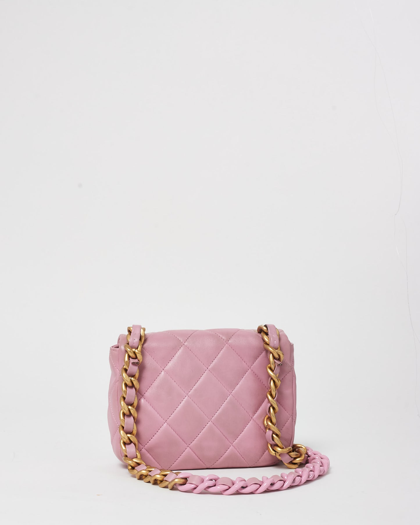 Chanel Pink Lambskin Leather W/ Pink 
Gold Chain Single Flap Square Mini Bag