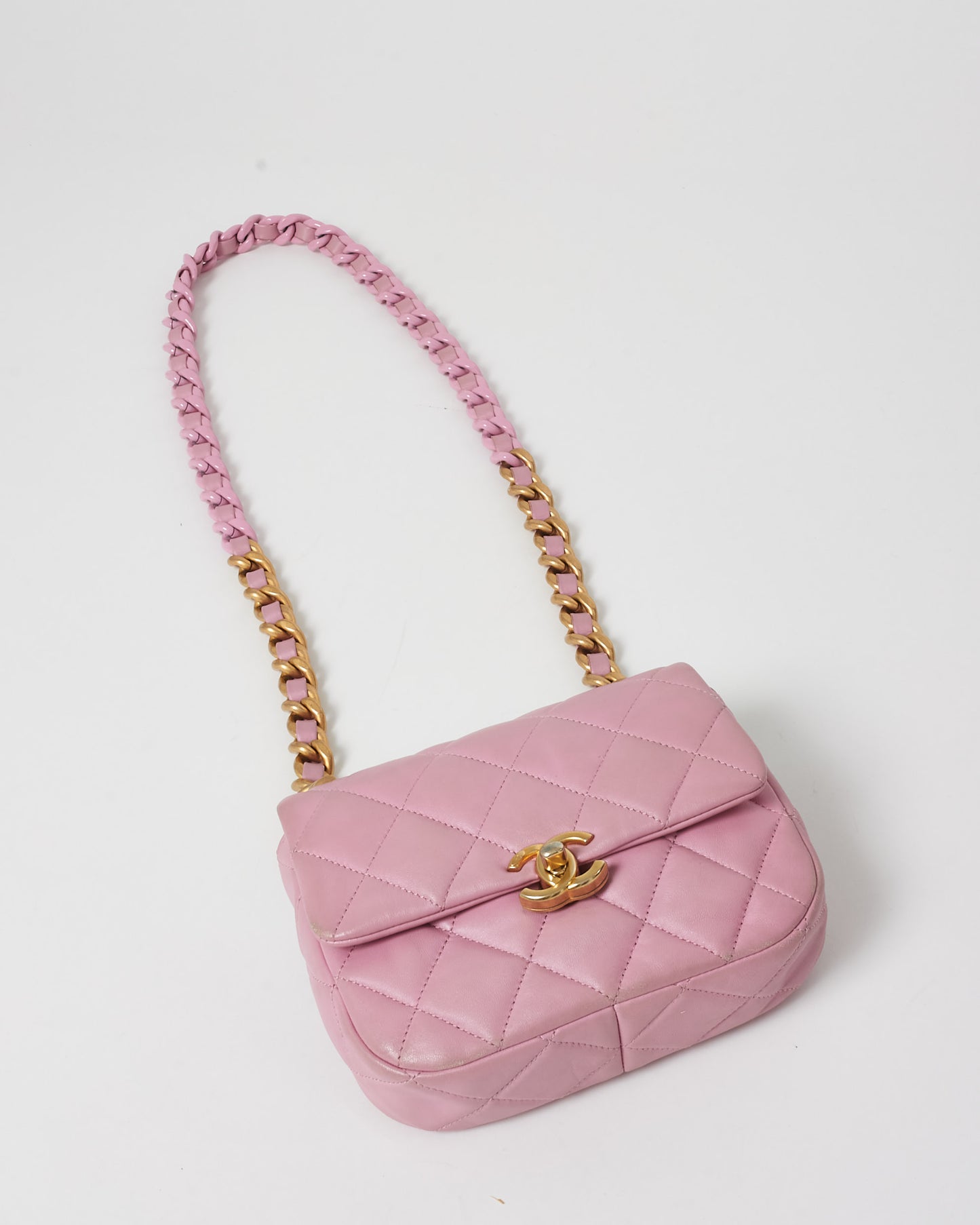 Chanel Pink Lambskin Leather W/ Pink 
Gold Chain Single Flap Square Mini Bag