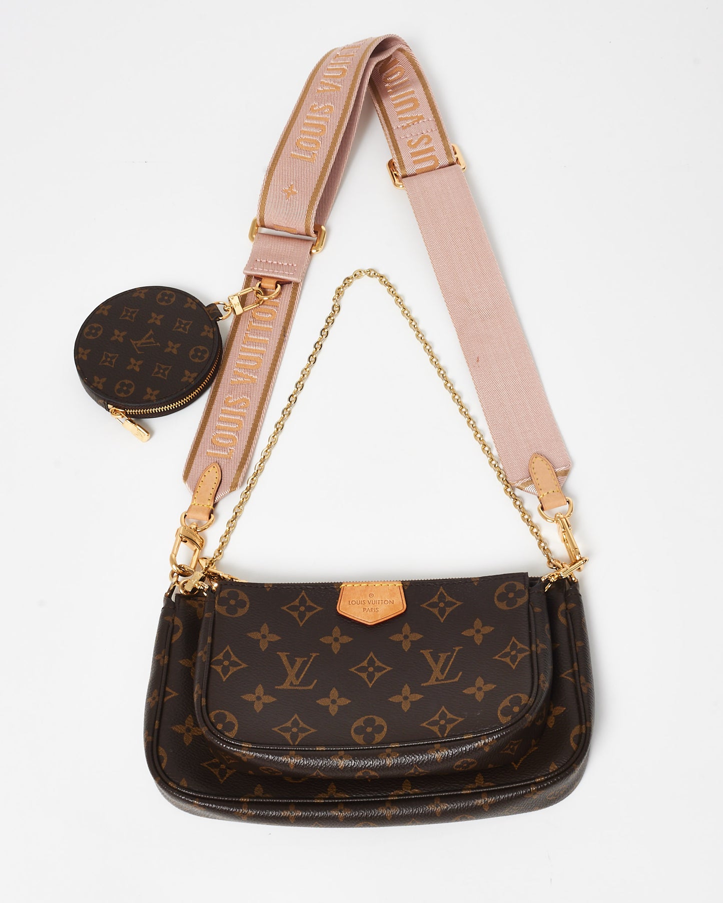 Louis Vuitton Monogram Coated Canvas 
Pink Strap Multi Pochette Bag