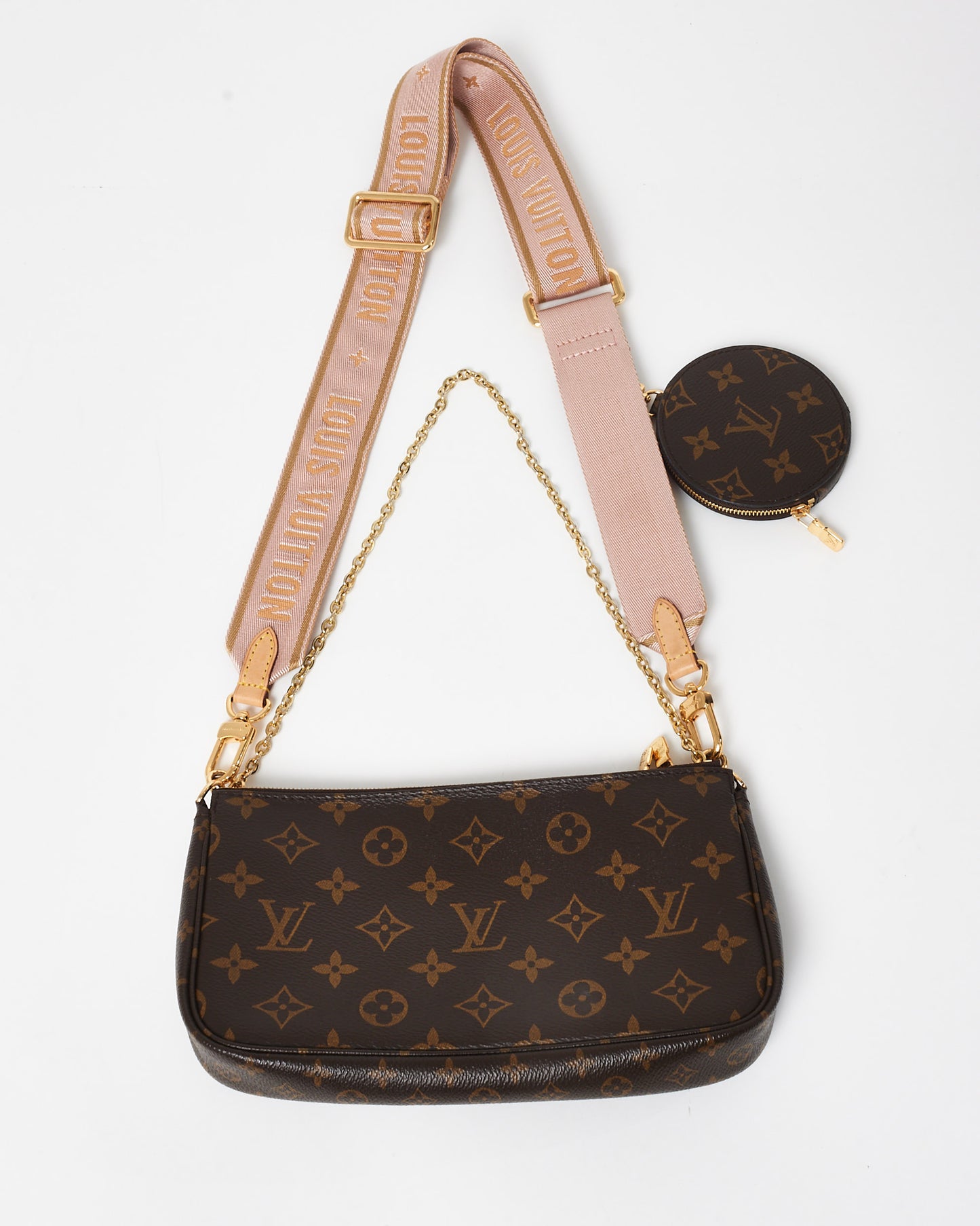 Louis Vuitton Monogram Coated Canvas 
Pink Strap Multi Pochette Bag