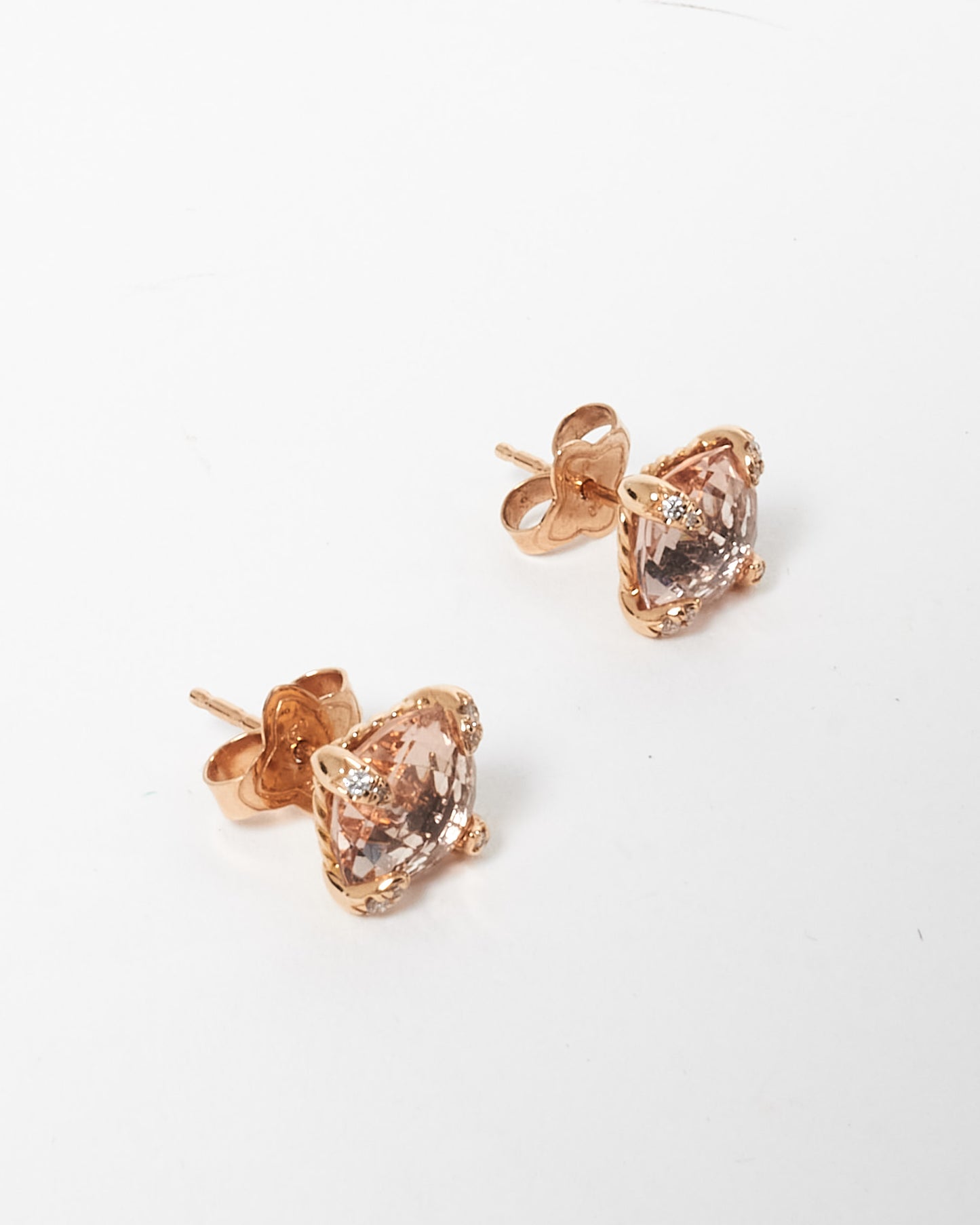 David Yurman 18K Rose Gold W/ Morganite 
Diamonds Chatelaine Stud Earrings - 8MM