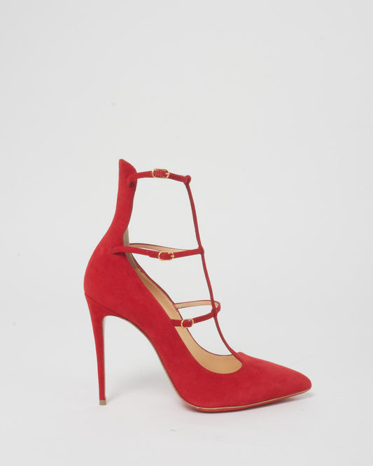 Christian Louboutin Red Suede Toeless Muse 100MM Suede Oeillet Pumps - 38