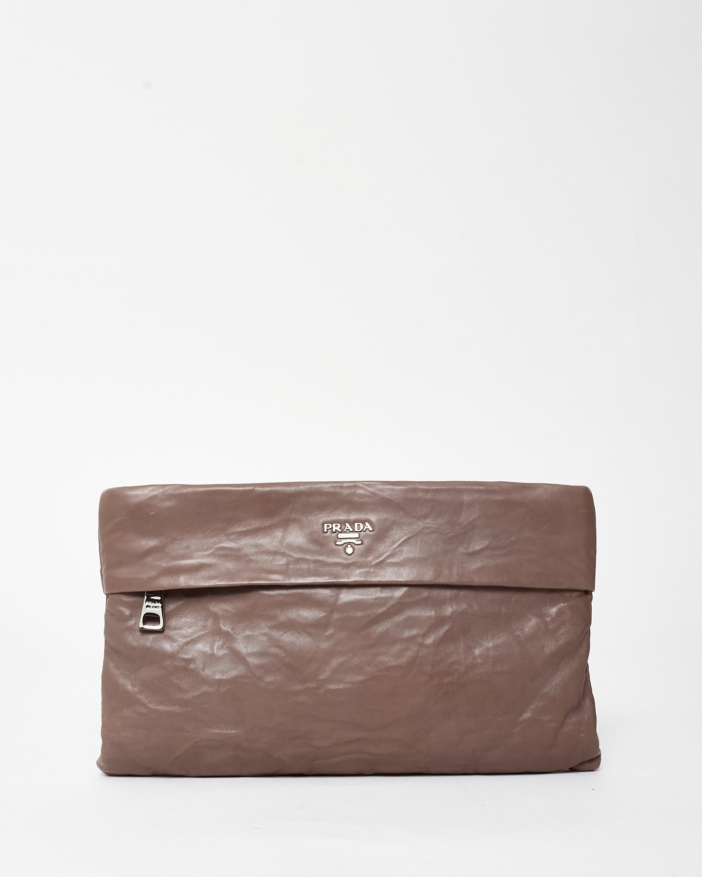 Prada Taupe Leather Logo Zipper Clutch