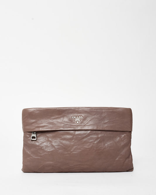 Prada Taupe Leather Logo Zipper Clutch