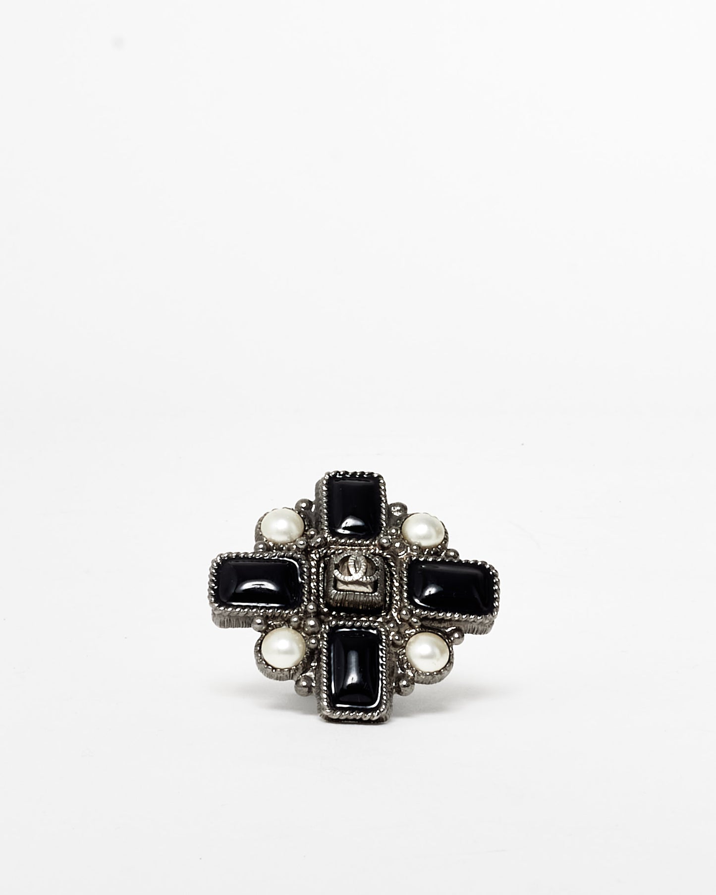 Chanel Black 
Silver Pearl Baroque Ring - 7