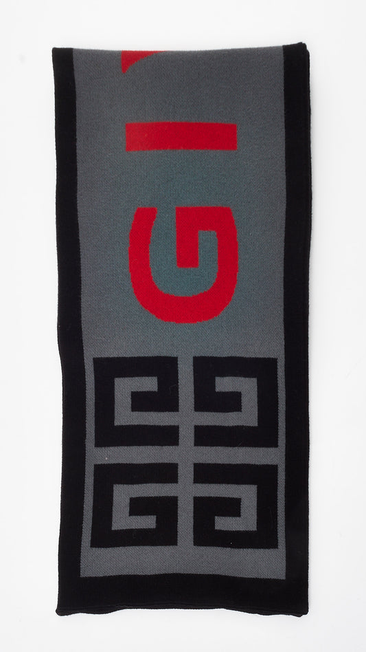 Givenchy Grey, Black 
Red Logo Knit Scarf