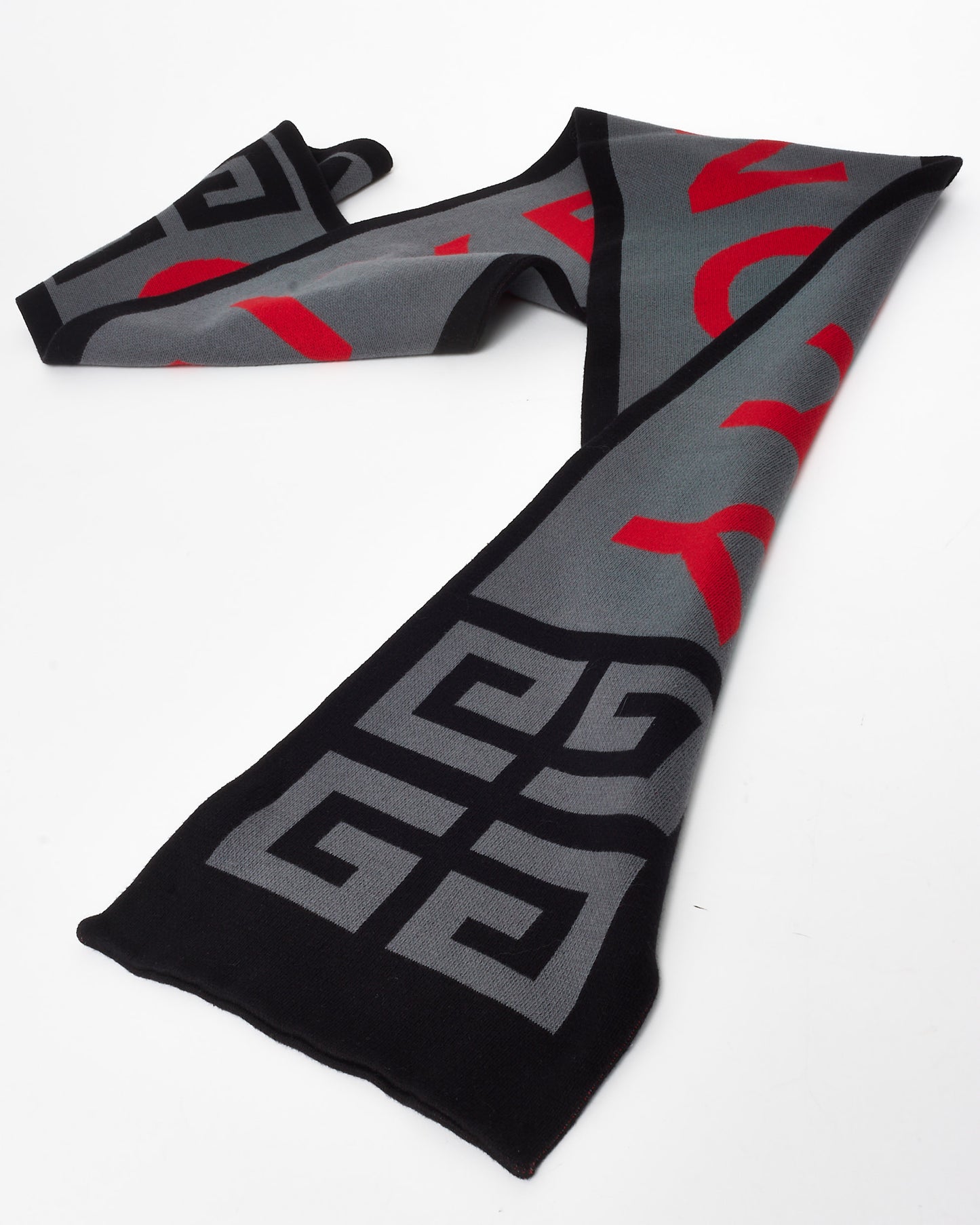 Givenchy Grey, Black 
Red Logo Knit Scarf